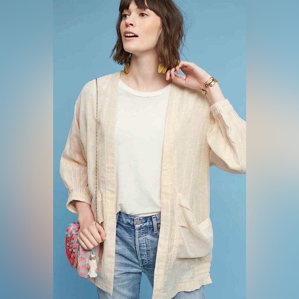 Anthropologie Hei Hei Daybreak Shimmer Metallic Open Kimono Rose Gold XS/S